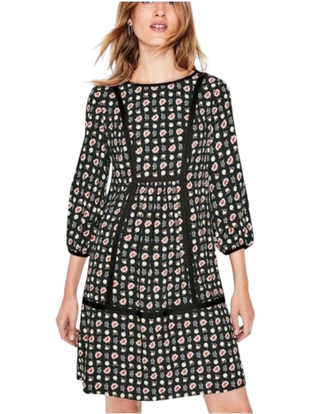 Boden Womens Black Floral Fall Printed Dress with pockets Size US 6R